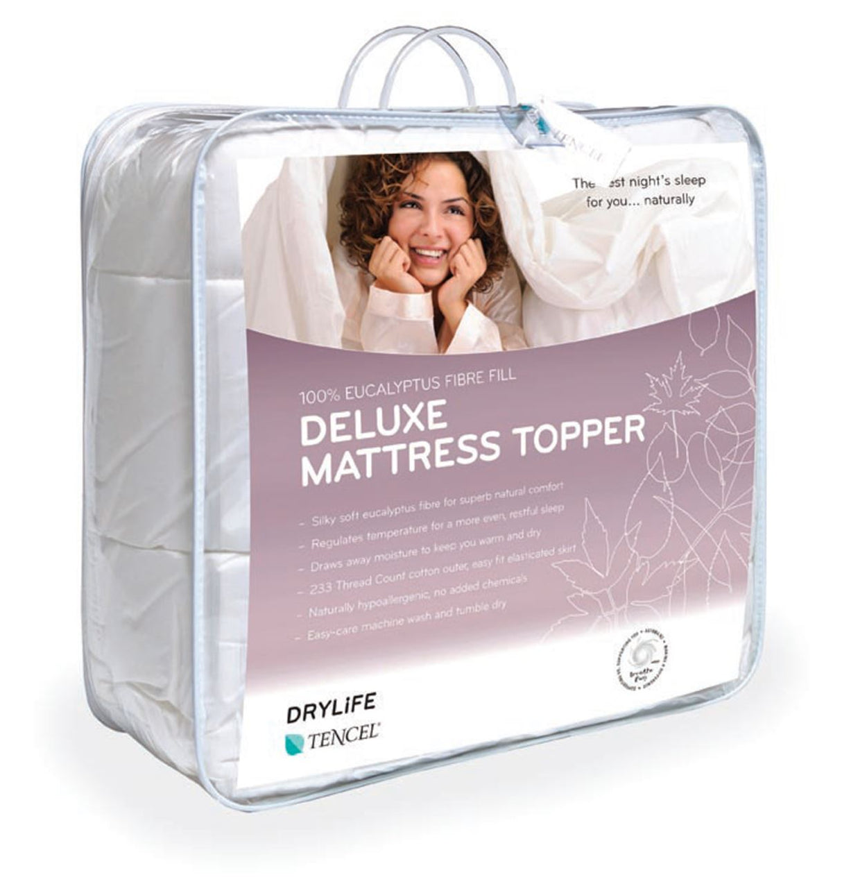 Deluxe single mattress topper, 92x193x35cm, offers moisture control and temperature regulation for comfort year-round.