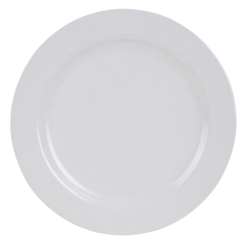 Set of 8 white melamine round plates, 25cm each, durable, lightweight, stackable, perfect for casual and formal dining.