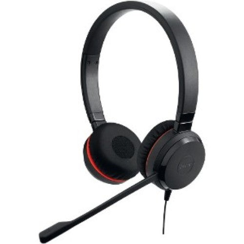 Jabra Evolve 20SE MS Stereo headset featuring USB connectivity, noise-canceling, and a comfortable over-the-head design.