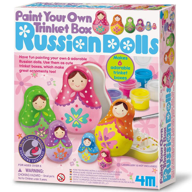 Paint Your Own Trinket Box set featuring six customizable Russian dolls, perfect for creative decoration and storage.