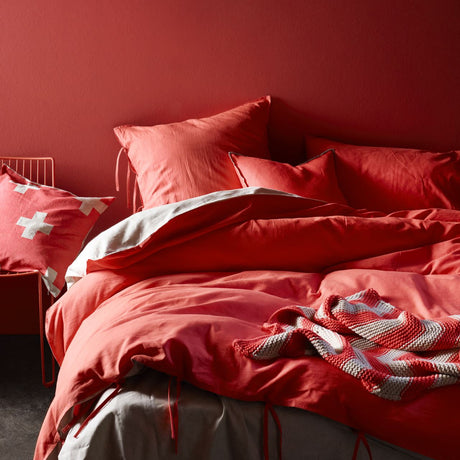 Vibrant Neon Coral KING duvet cover made from 55% linen and 45% cotton, featuring charming tie details and natural reverse side.