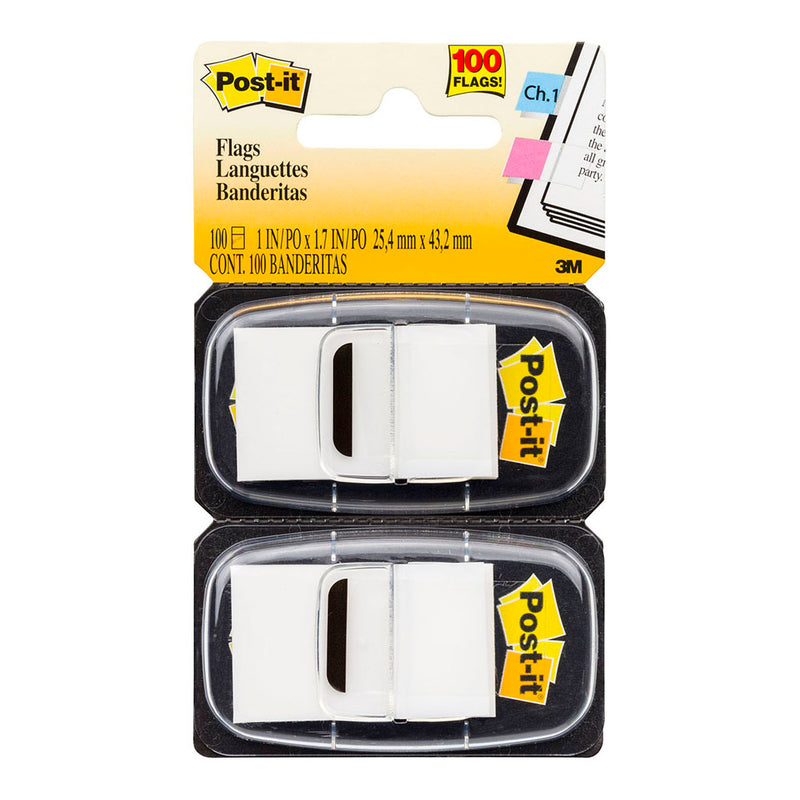 3M Post-it Flags 680-WE2 Twin Pack White 25 x 43mm 50/Dispenser, 2 Dispensers/Pk
