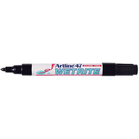 Artline 47 Wetrite Permanent Marker pack of 12, black ink for marking on wet surfaces, xylene-free, 1.5mm bullet nib.