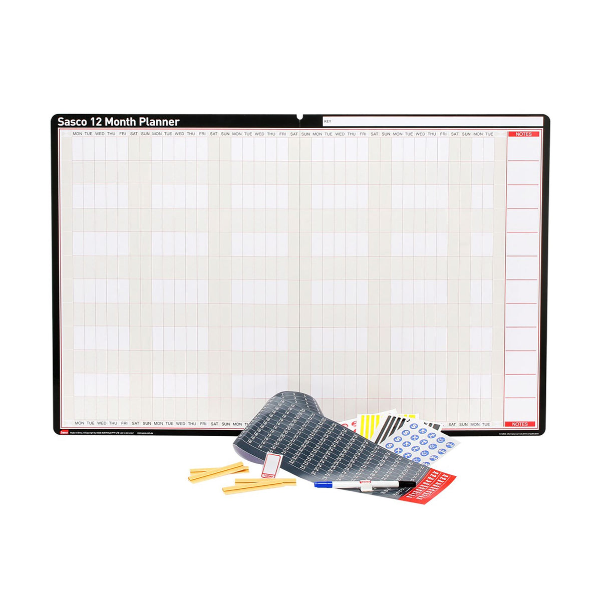 Sasco 12 Month Planner 910x605mm, undated wall planner with wipe-off surface, includes stickers and dry erase pen.