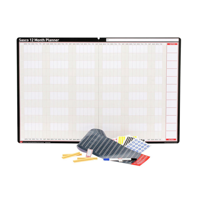 Sasco 12 Month Planner 910x605mm, undated wall planner with wipe-off surface, includes stickers and dry erase pen.