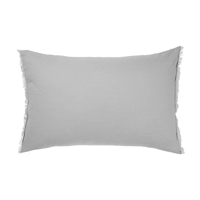 Smoke-colored standard pillowcase with fringe detailing, made from linen and cotton for a vintage soft wash look.