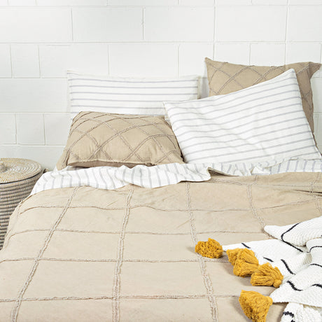 Queen duvet cover set featuring a square pattern with lace detailing, crafted from a linen-cotton blend in natural tones.