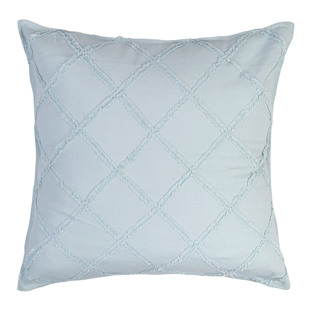 Frances Fringed European Cushion in Light Blue, 65cm, featuring a lace-detailed square pattern for a sophisticated touch.