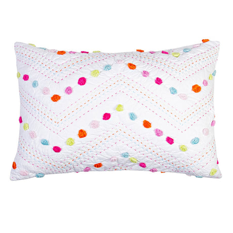 Hand-quilted Madelyn Standard Pillowcase with vibrant colors, pom poms, and soft 100% cotton for a cozy sleep.