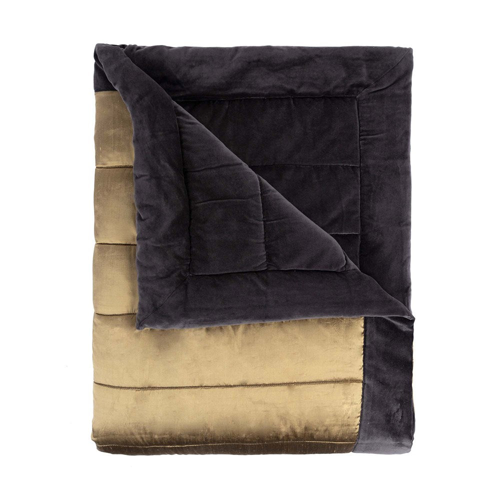 Reversible Alexandra Charcoal Quilt in luxurious silk and velvet, 240x220cm, channel quilted for elegant comfort.