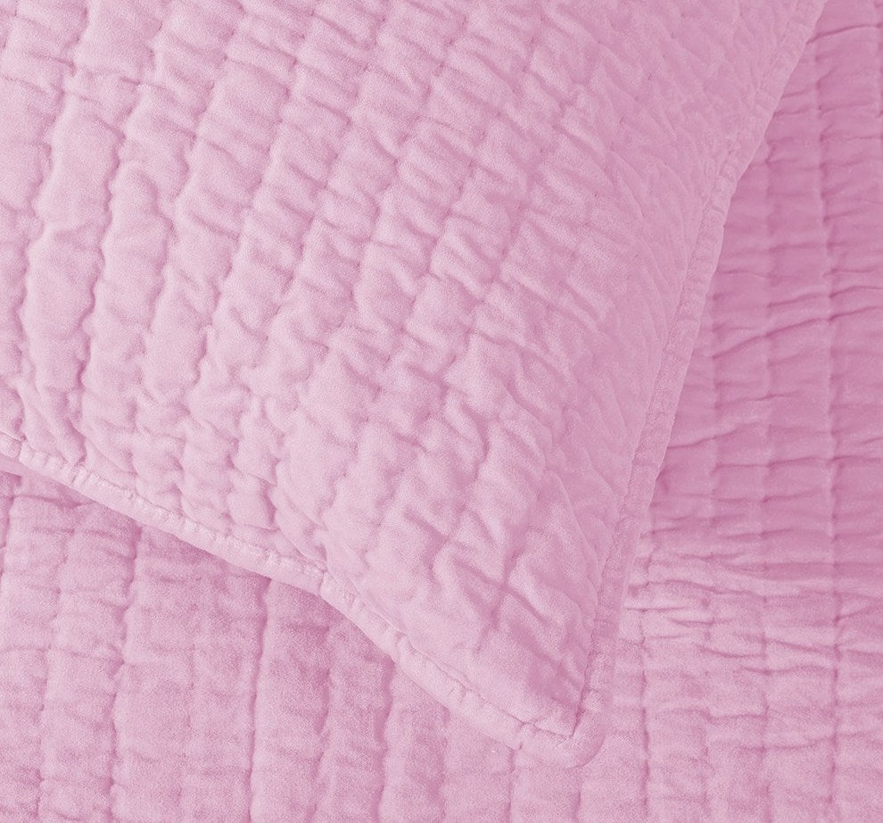 Elegant pale pink cotton velvet pillowsham with intricate hand quilting, measuring 50 x 70 cm for luxurious bedding.