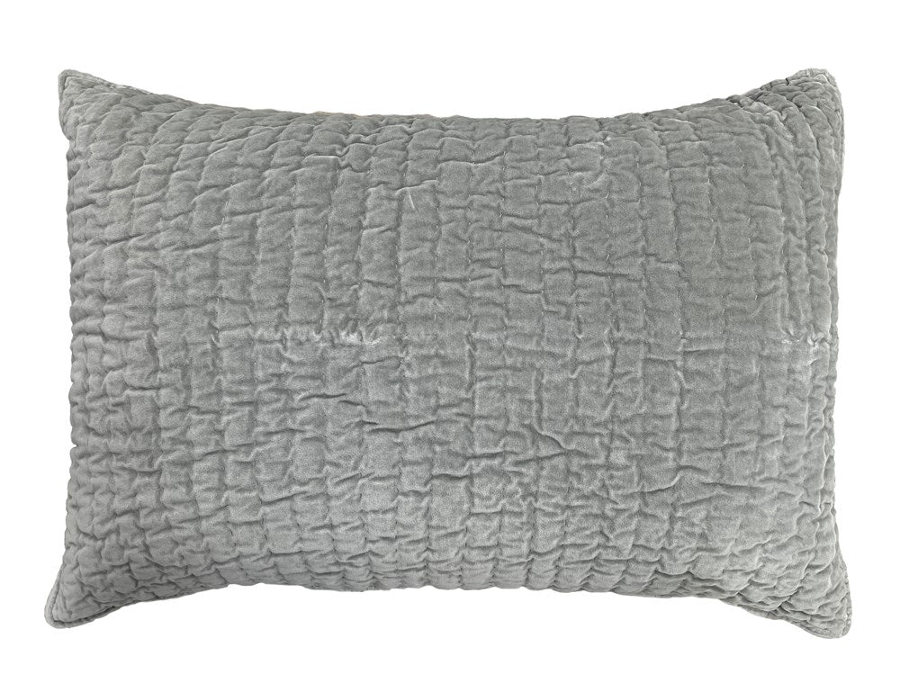 Luxurious silver pillow sham with hand quilting, made from 100% cotton velvet, perfect for enhancing bedroom decor.