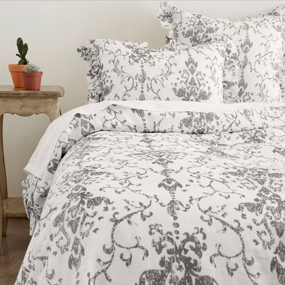 ALIAIA GREY Queen Duvet Cover featuring vintage design, ruffle finish, and a cozy linen-cotton blend for elegant bedding.