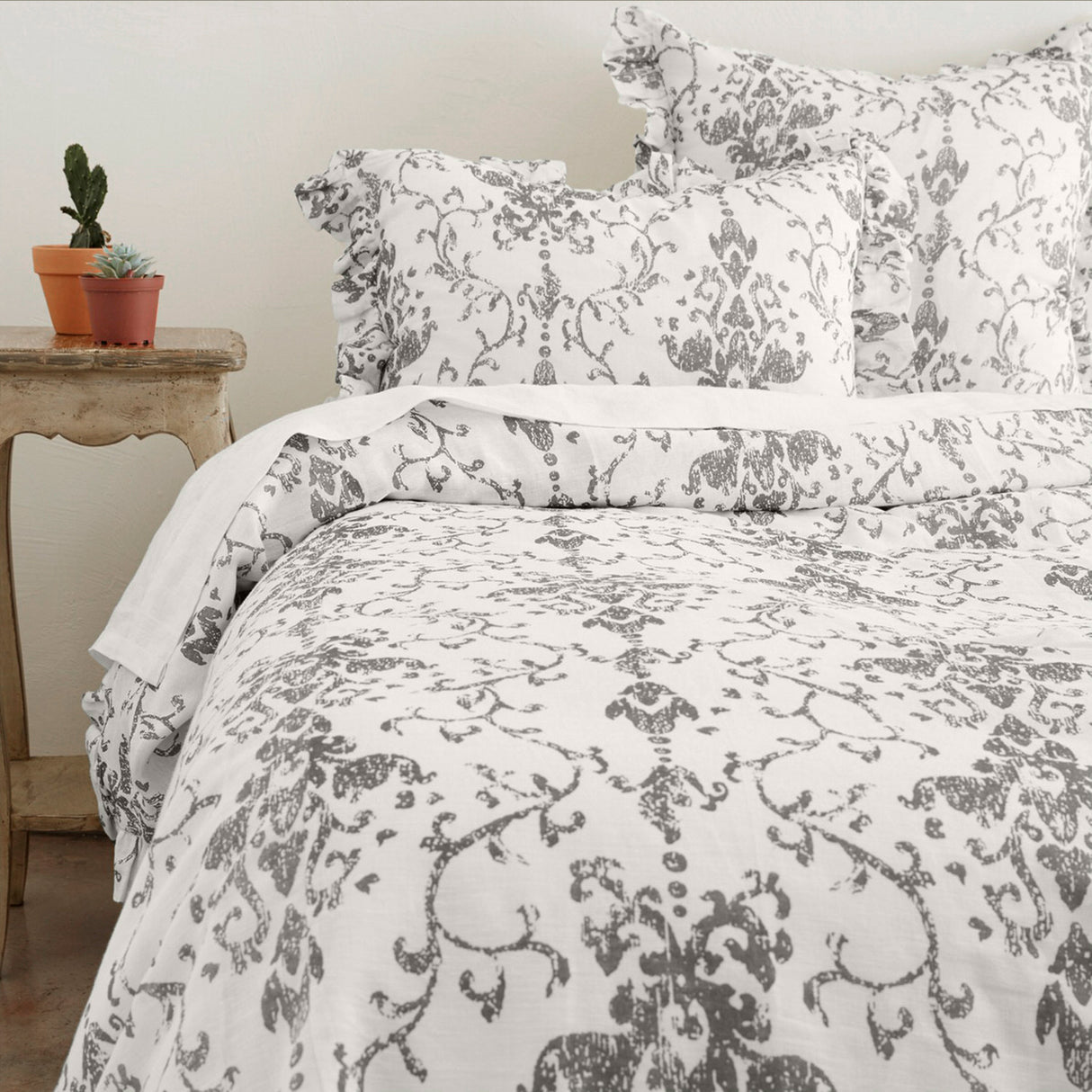 Super King Duvet Cover in ALAIA GREY with ruffle detail, crafted from cotton-linen blend for vintage charm and modern style.