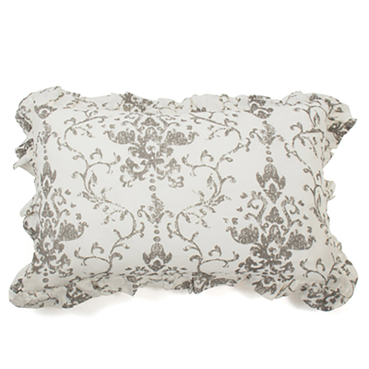 Elegant grey pillow sham with ruffle detailing, crafted from a cotton-linen blend, perfect for modern bedding decor.