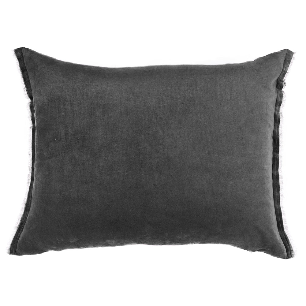 Charcoal envelope-style pillow sham in luxurious cotton velvet, perfect for enhancing modern bedroom decor and layering.