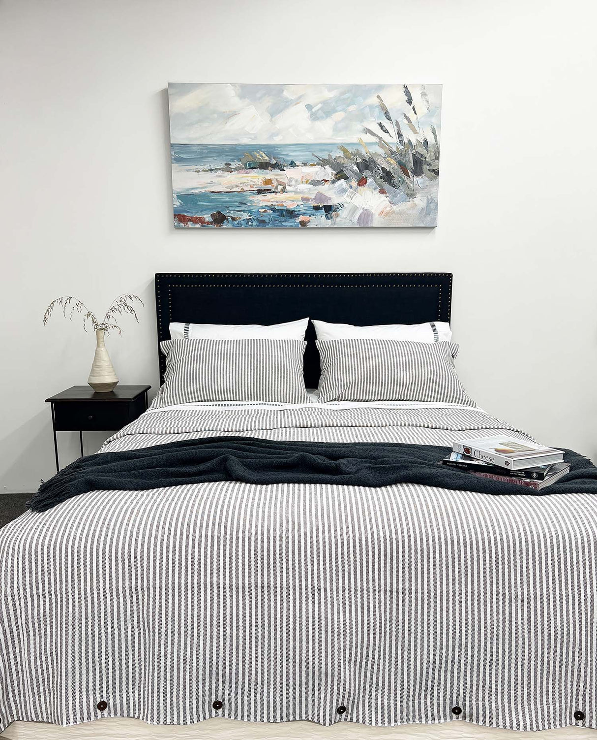 Elegant grey striped queen duvet cover with button closure, made from soft 55% linen and 45% cotton blend.