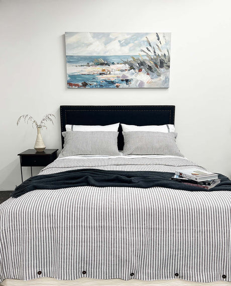 Elegant BRAYDEN GREY king duvet cover with grey stripes, button closure, and soft linen-cotton blend for ultimate comfort.