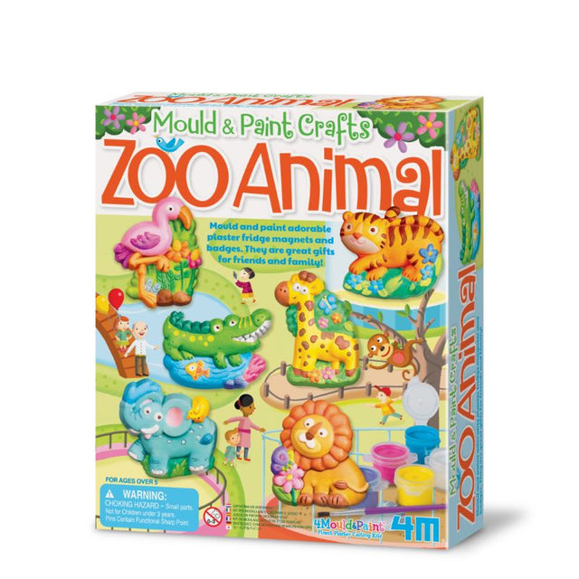 Children creating colorful zoo animal fridge magnets and badges with the Mould & Paint kit from 4M, promoting creativity and fun.