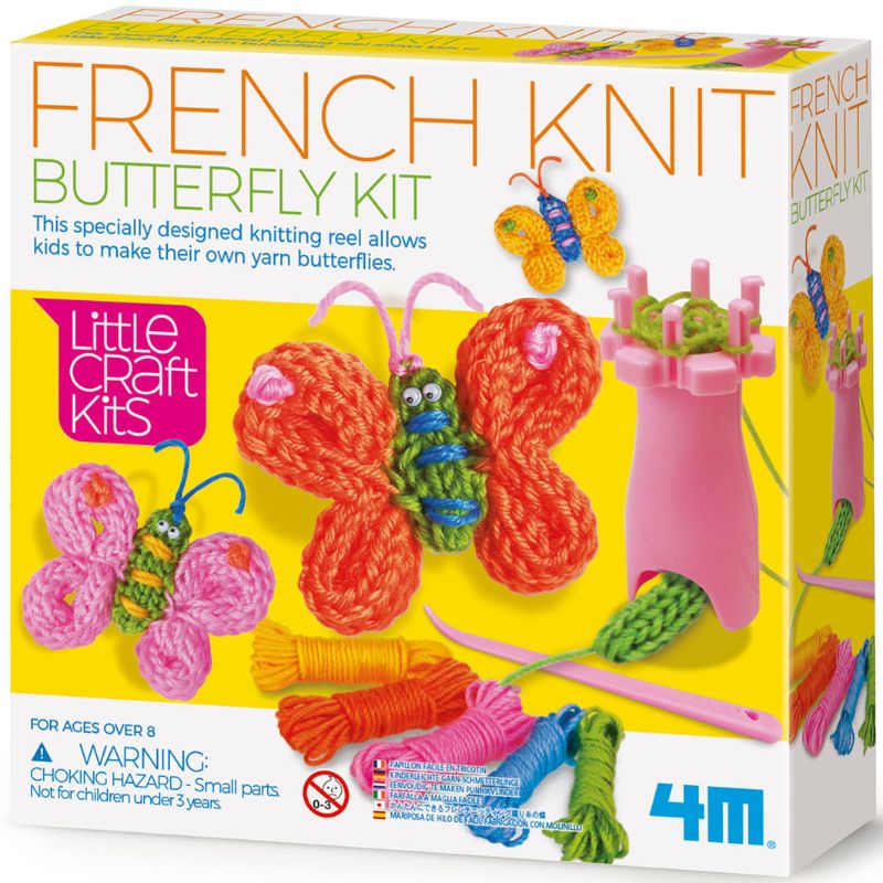 Colorful yarn butterflies crafted with the 4M French Knit Butterfly Kit, ideal for inspiring children's creativity and fine motor skills.