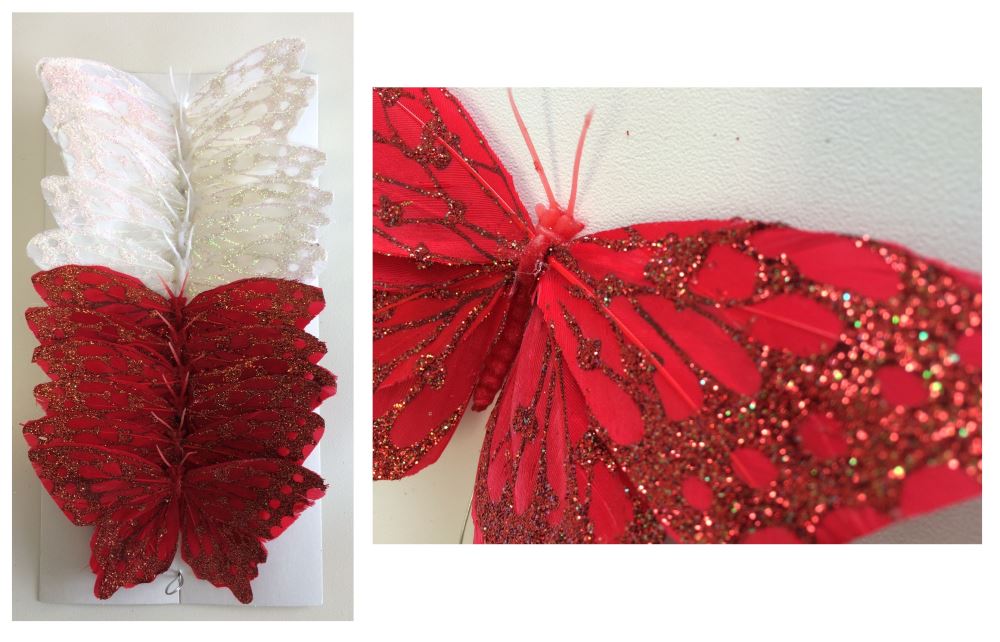 Set of 12 glittery artificial butterflies with feather bodies, perfect for elegant home decor and creative projects.