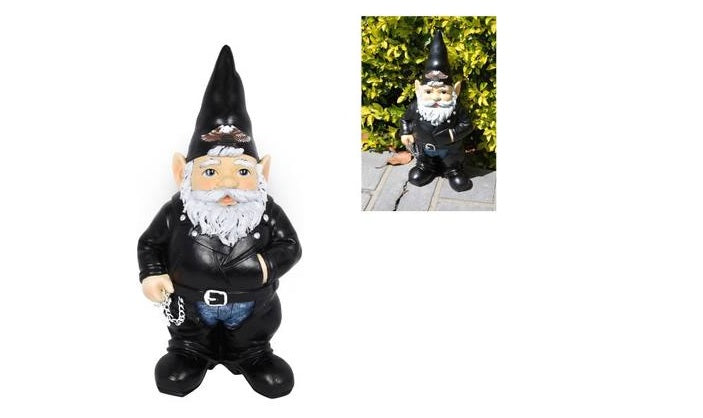 Playful 35cm biker gnome adds charm and whimsy to gardens or indoors, made for durability and conversation-starting appeal.