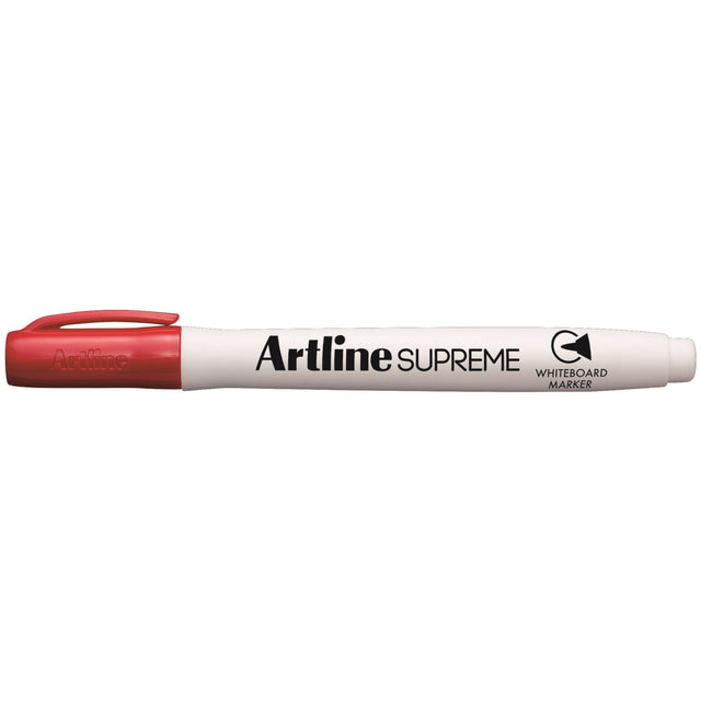 Artline Supreme Red Whiteboard Markers pack of 12, features 1.5mm nib for clear writing, ergonomic design for comfort.