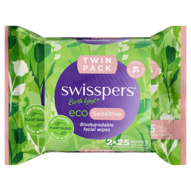 Swisspers Eco Sensitive Biodegradable Facial Wipes, 2x25 pack, gentle cleansing for all skin types in eco-friendly packaging.