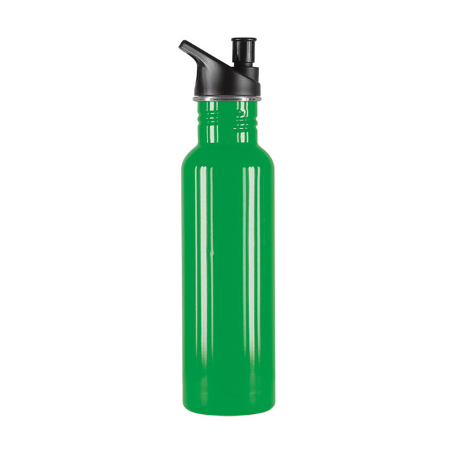 Dark green stainless steel drink bottle, 750ml, eco-friendly, BPA-free, reusable, ideal for outdoor activities and hydration.