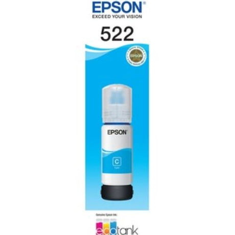 Epson T522 EcoTank Cyan Ink Bottle, designed for high-volume printing with auto stop technology and unique key for easy filling.