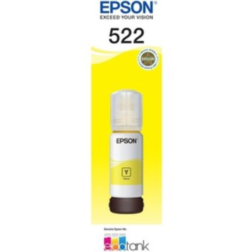 Epson T522 EcoTank yellow ink bottle for vibrant, high-capacity printing with auto stop technology for mess-free refilling.