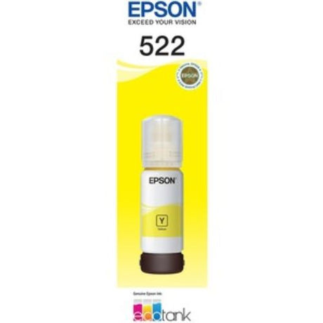 Epson T522 EcoTank yellow ink bottle for vibrant, high-capacity printing with auto stop technology for mess-free refilling.