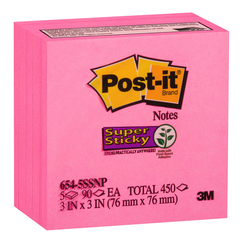 3M Post-it Super Sticky Notes 654-5SSNP Neon Pink 76x76mm 90 sheet pads Pkt/5