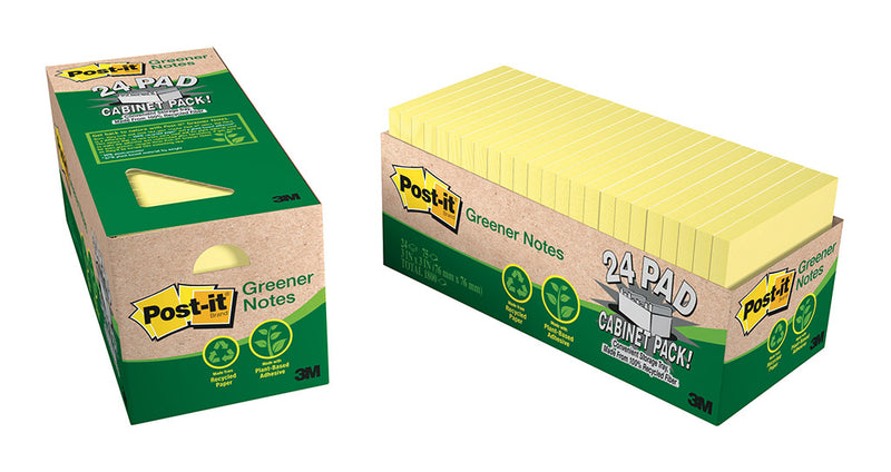 3M Post-It Recycled Note Cabinet Pack 654R-24CP-CY Greener Yellow 76X76mm Pkt/24