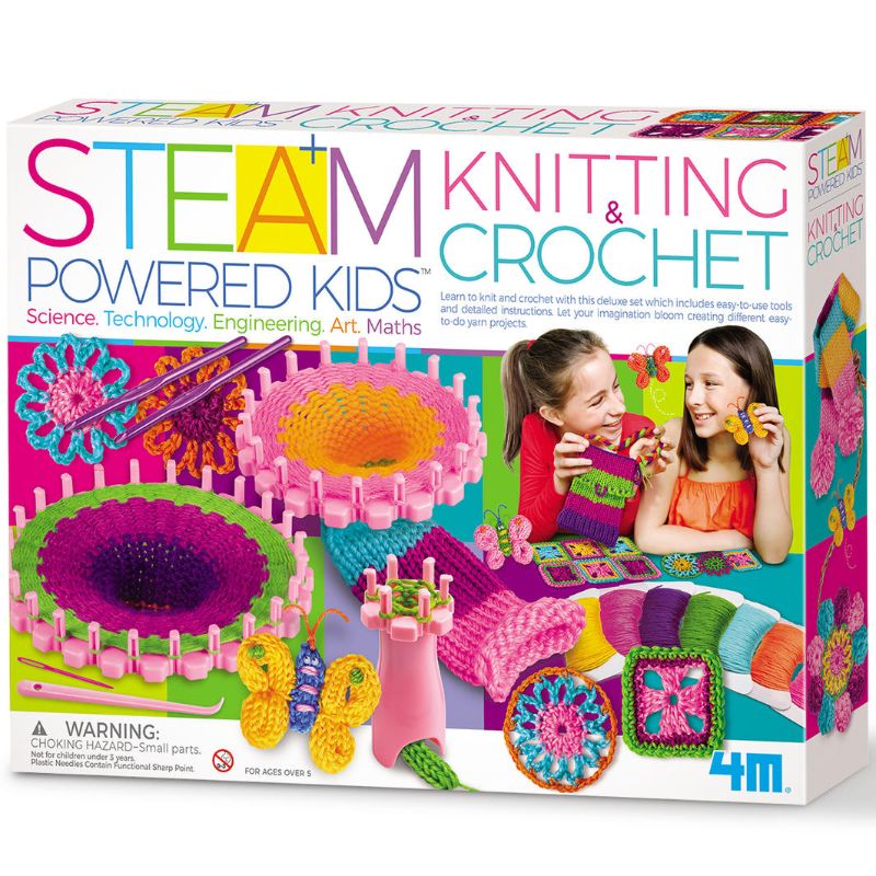 Deluxe STEAM kit for kids, teaching knitting and crocheting with easy tools, patterns, and instructions for creative projects.