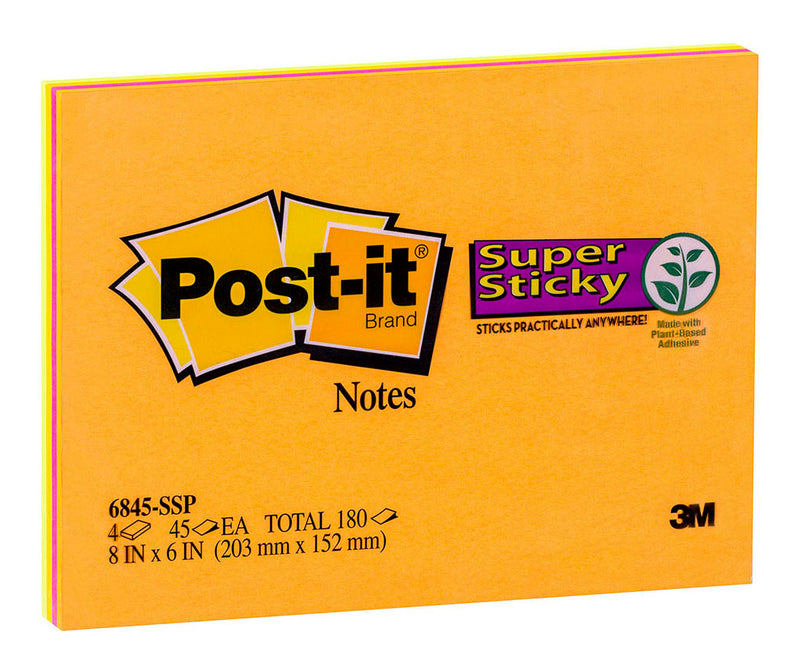 3M Post-It Super Sticky Notes 6845-SSP 149X200mm Assorted Bright Colours Pack 4
