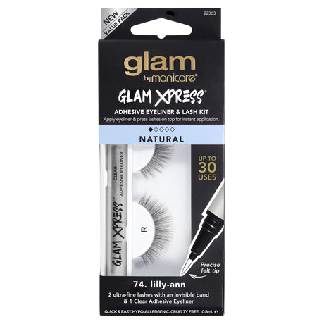 Glam by Manicare 74 Lilly-Ann kit with clear adhesive eyeliner and ultra-fine lashes for effortless, natural-looking application.