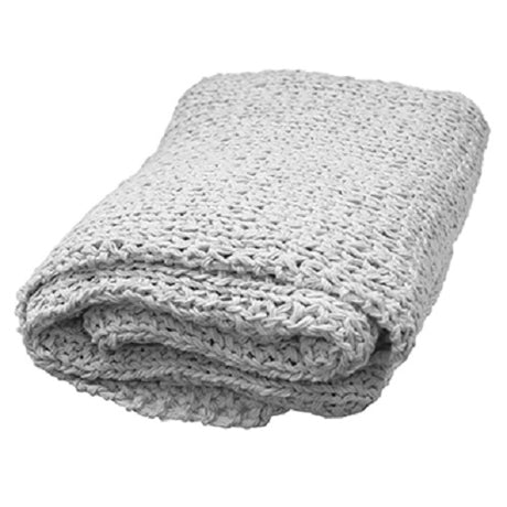 Cozy dove-gray hand-knit throw, measuring 130 x 180 cm, perfect for adding warmth and texture to any space.