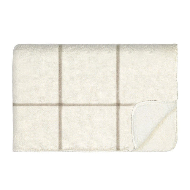 Cozy cream and taupe throw blanket with plush fleece and soft acrylic weave, perfect for elegance and warmth.