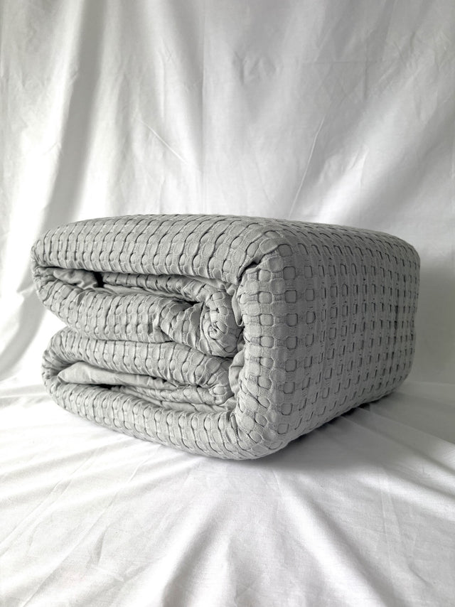 Luxurious grey waffle blanket with sherpa backing, made from a soft bamboo-cotton blend, perfect for cozy comfort.