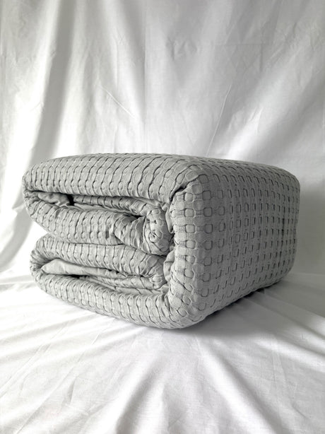 Grey King-sized Bamboo Blend Waffle Blanket with plush Sherpa backing, offering softness and warmth for cozy relaxation.