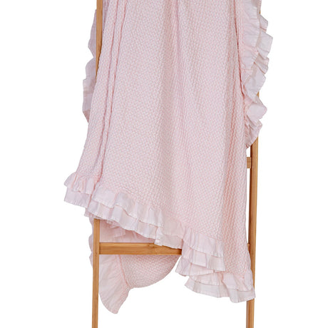 Pastel pink cotton waffle blanket with frill, perfect for layering and year-round comfort in King Single size.