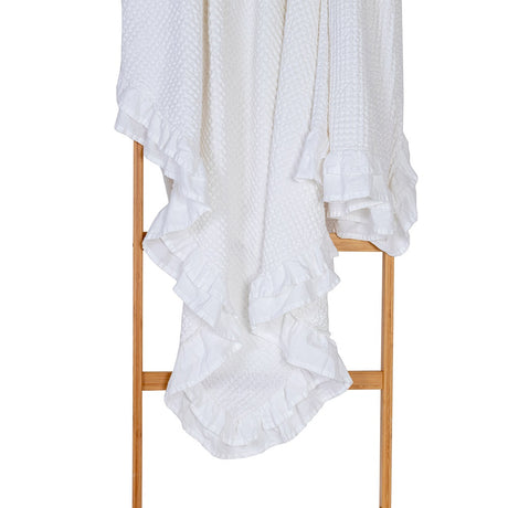 Luxurious white cotton waffle blanket with frill, 190 x 220 cm, ideal for king single beds, breathable and stylish.