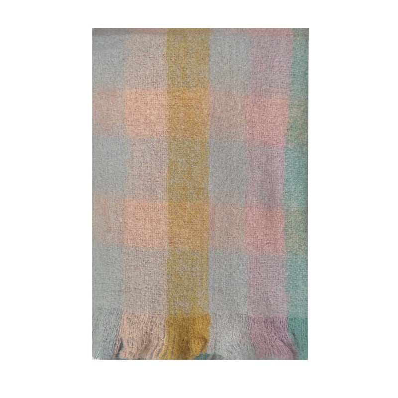 Luxurious mohair blend throw with a classic check design and eyelash fringe, measuring 130 x 170cm, perfect for cozy decor.