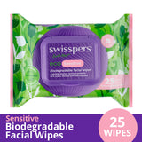 Swisspers Eco Sensitive Biodegradable Facial Wipes, 25 pack, made from natural cotton for gentle, eco-friendly cleansing.