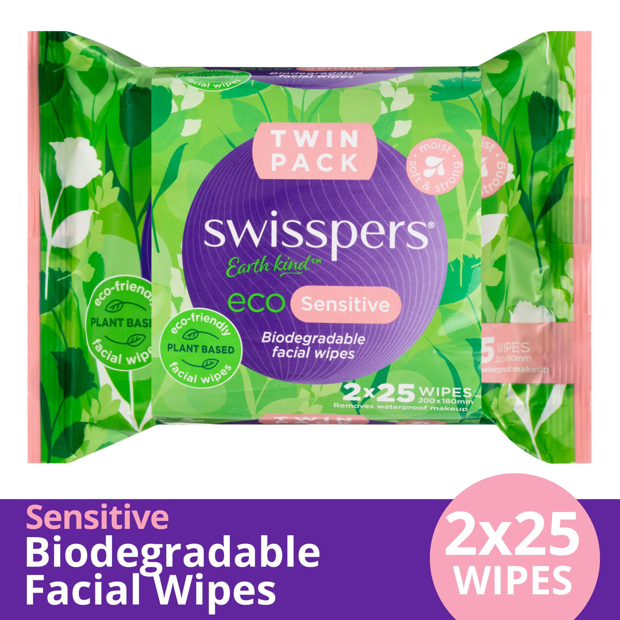 Gentle, eco-friendly Swisspers facial wipes in a twin pack, made from cotton and plant fibers, suitable for sensitive skin.