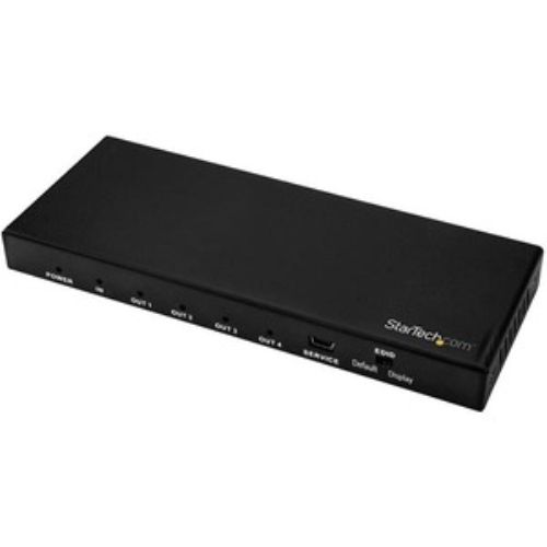 4-Port HDMI splitter supporting 4K 60Hz, connects one HDMI source to four displays with robust metal housing for durability.