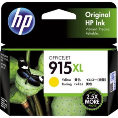 HP 915XL Yellow Ink Cartridge for Inkjet printers, high yield up to 825 pages, ensuring vibrant color prints and reliable performance.