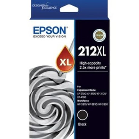 Epson 212XL black ink cartridge for high-yield printing with vibrant results, compatible with WorkForce WF-2830 printer.