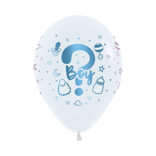 Pack of 12 elegant 30cm white balloons with metallic ink print, perfect for gender reveals and celebrations.